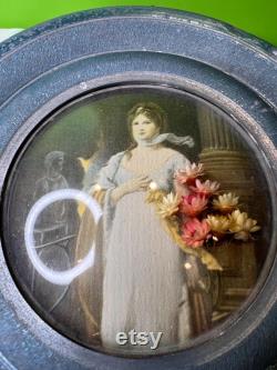 Vintage 1930-1950s Aluminum Musical Powder Puff Case in Blue Victorian Lady and Dried Flowers