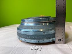 Vintage 1930-1950s Aluminum Musical Powder Puff Case in Blue Victorian Lady and Dried Flowers