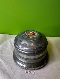 Vintage 1930-1950s Small Aluminum Musical Box and Powder Puff Case Combined Grey Victorian Family Music Box Broken
