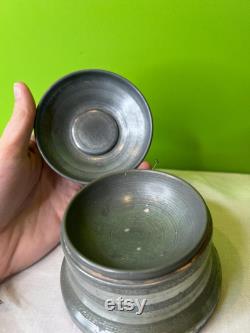 Vintage 1930-1950s Small Aluminum Musical Box and Powder Puff Case Combined Grey Victorian Family Music Box Broken