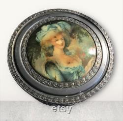 Vintage 1930's Powder Box with Mirror Inside of Lid, Jewelry Box Container, Art Deco French Victorian Style Box With Portrait Of Lady