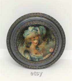 Vintage 1930's Powder Box with Mirror Inside of Lid, Jewelry Box Container, Art Deco French Victorian Style Box With Portrait Of Lady