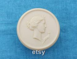 Vintage 1930s Celluloid Powder Pot With Diana The Huntress on Lid, Ancient Greek Goddess of the Moon With a Leaping Deer, Art Deco Era