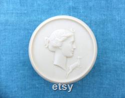 Vintage 1930s Celluloid Powder Pot With Diana The Huntress on Lid, Ancient Greek Goddess of the Moon With a Leaping Deer, Art Deco Era