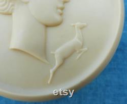 Vintage 1930s Celluloid Powder Pot With Diana The Huntress on Lid, Ancient Greek Goddess of the Moon With a Leaping Deer, Art Deco Era