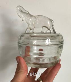 Vintage 1930s Jeanette Clear Depression Glass Elephant Powder Trinket Dresser Candy Jar