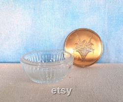 Vintage 1930s Molded Cut Glass Crystal Like Vanity Powder Jar with Brushed Etched Gold Tone Lid, Flower Basket