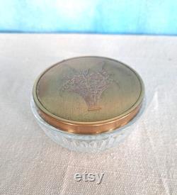 Vintage 1930s Molded Cut Glass Crystal Like Vanity Powder Jar with Brushed Etched Gold Tone Lid, Flower Basket