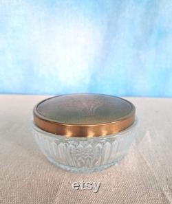 Vintage 1930s Molded Cut Glass Crystal Like Vanity Powder Jar with Brushed Etched Gold Tone Lid, Flower Basket