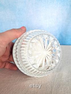 Vintage 1930s Molded Cut Glass Crystal Like Vanity Powder Jar with Brushed Etched Gold Tone Lid, Flower Basket