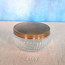Vintage 1930s Molded Cut Glass Crystal Like Vanity Powder Jar with Brushed Etched Gold Tone Lid, Flower Basket