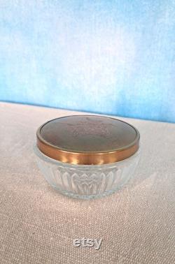 Vintage 1930s Molded Cut Glass Crystal Like Vanity Powder Jar with Brushed Etched Gold Tone Lid, Flower Basket