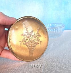 Vintage 1930s Molded Cut Glass Crystal Like Vanity Powder Jar with Brushed Etched Gold Tone Lid, Flower Basket