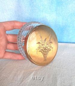 Vintage 1930s Molded Cut Glass Crystal Like Vanity Powder Jar with Brushed Etched Gold Tone Lid, Flower Basket