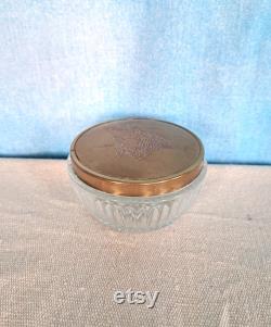 Vintage 1930s Molded Cut Glass Crystal Like Vanity Powder Jar with Brushed Etched Gold Tone Lid, Flower Basket