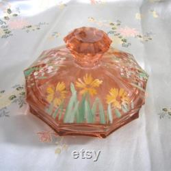 Vintage 1930s Powder Bowl Pink Glass Hand Painted Flowers Vintage 30s Boudoir