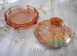 Vintage 1930s Powder Bowl Pink Glass Hand Painted Flowers Vintage 30s Boudoir