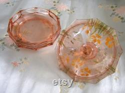 Vintage 1930s Powder Bowl Pink Glass Hand Painted Flowers Vintage 30s Boudoir
