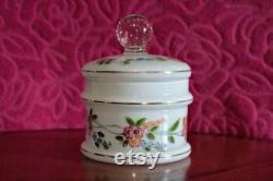 Vintage 1930s Stourbridge Milk Glass Powder Dish With Hand Painted Flowers