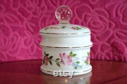 Vintage 1930s Stourbridge Milk Glass Powder Dish With Hand Painted Flowers