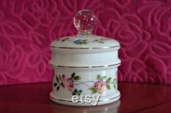 Vintage 1930s Stourbridge Milk Glass Powder Dish With Hand Painted Flowers