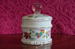 Vintage 1930s Stourbridge Milk Glass Powder Dish With Hand Painted Flowers