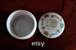 Vintage 1930s Stourbridge Milk Glass Powder Dish With Hand Painted Flowers