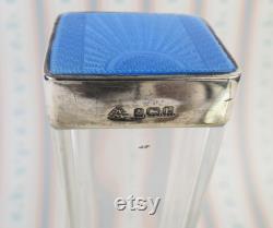 Vintage 1935 Sterling silver blue Art Deco guilloche tall jar Birmingham England Adie Brothers