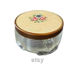 Vintage 1940's Art Deco Pressed Glass Vanity Box with Metal and Lace Lid, Porcelain Ladies Powder Box, Mother's Day Gift