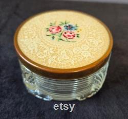 Vintage 1940's Art Deco Pressed Glass Vanity Box with Metal and Lace Lid, Porcelain Ladies Powder Box, Mother's Day Gift