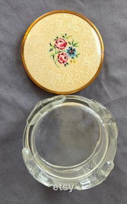 Vintage 1940's Art Deco Pressed Glass Vanity Box with Metal and Lace Lid, Porcelain Ladies Powder Box, Mother's Day Gift