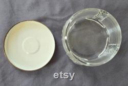 Vintage 1940's Art Deco Pressed Glass Vanity Box with Metal and Lace Lid, Porcelain Ladies Powder Box, Mother's Day Gift
