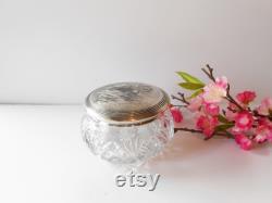 Vintage 1940's Glass Powder Jar with Silver Lid, Luxury Vanity Accessory, Vanity Collectible, Brides Gift, Romantic Gift for Her