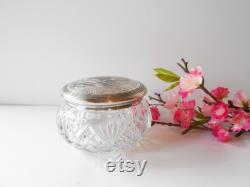 Vintage 1940's Glass Powder Jar with Silver Lid, Luxury Vanity Accessory, Vanity Collectible, Brides Gift, Romantic Gift for Her