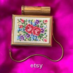 Vintage 1940's Kigu Powder Compact Cigarette Case and Lipstick Holder Unused With Original Powder Puff Goldtone Embroidered Floral.