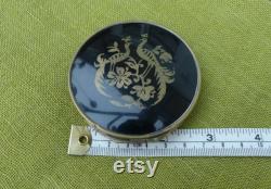 Vintage 1940s Black Enamel On Brass Powder Box With Original Sifter, Hand Painted Design Of Two Pheasant-Type Birds on Lid