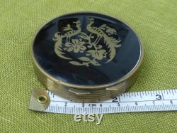 Vintage 1940s Black Enamel On Brass Powder Box With Original Sifter, Hand Painted Design Of Two Pheasant-Type Birds on Lid