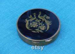 Vintage 1940s Black Enamel On Brass Powder Box With Original Sifter, Hand Painted Design Of Two Pheasant-Type Birds on Lid