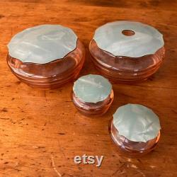 Vintage 1940s Dresser Set 4 Pieces w Lids Marbleized Green Celluloid and Pink Ribbed Glass Gift for Her Mom Sister Boudoir Decor Granny Core