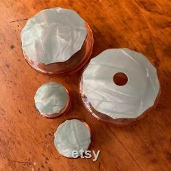 Vintage 1940s Dresser Set 4 Pieces w Lids Marbleized Green Celluloid and Pink Ribbed Glass Gift for Her Mom Sister Boudoir Decor Granny Core