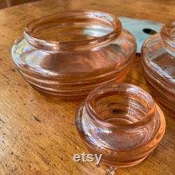Vintage 1940s Dresser Set 4 Pieces w Lids Marbleized Green Celluloid and Pink Ribbed Glass Gift for Her Mom Sister Boudoir Decor Granny Core