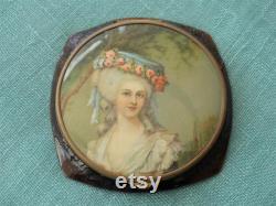 Vintage 1940s French Faux Tortoiseshell Celluloid Powder Compact With 18th Century Portrait of a Lady on Lid