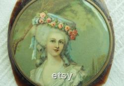 Vintage 1940s French Faux Tortoiseshell Celluloid Powder Compact With 18th Century Portrait of a Lady on Lid