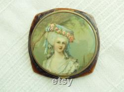 Vintage 1940s French Faux Tortoiseshell Celluloid Powder Compact With 18th Century Portrait of a Lady on Lid