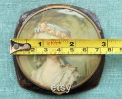 Vintage 1940s French Faux Tortoiseshell Celluloid Powder Compact With 18th Century Portrait of a Lady on Lid