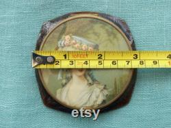 Vintage 1940s French Faux Tortoiseshell Celluloid Powder Compact With 18th Century Portrait of a Lady on Lid