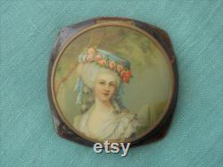 Vintage 1940s French Faux Tortoiseshell Celluloid Powder Compact With 18th Century Portrait of a Lady on Lid