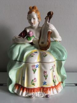 Vintage 1940s Hand Painted Porcelain Musician Dresser Powder Jar