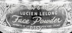 Vintage 1940s Lucien LeLong Glass Face Powder Jar White Lacy Design Intact and Vibrant Neat Collectible for Your Dresser or Makeup Table