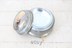 Vintage 1940s Music Trinket Powder Box Round Silver Metal Music Box Whatnot Trinket Music Box withSunset Print and Strawflowers Mom Gift